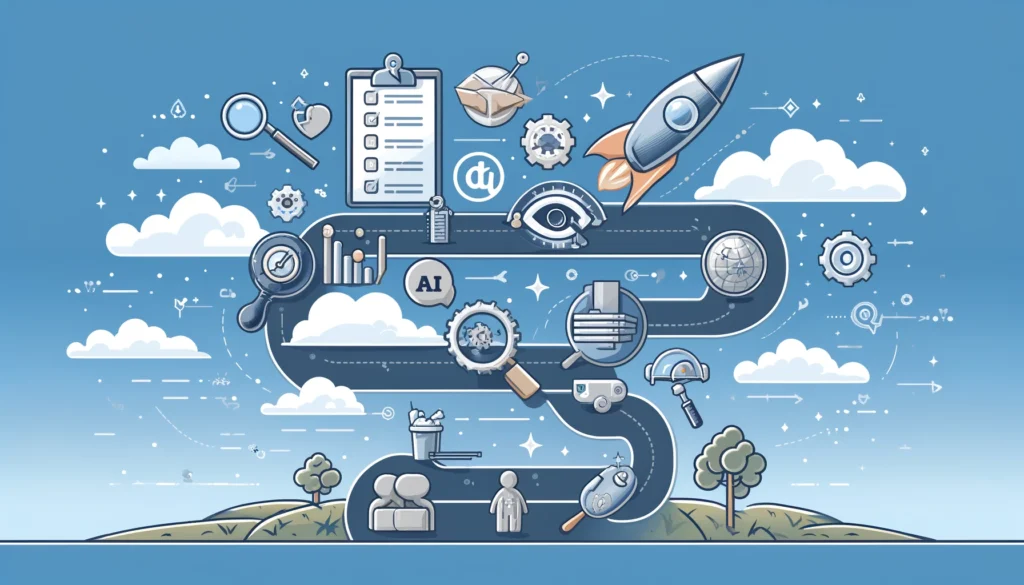 Illustration depicting the step-by-step process of implementing AI email personalization, featuring a roadmap with icons for strategy assessment, tool selection, data organization, personalization rules, testing, and launching