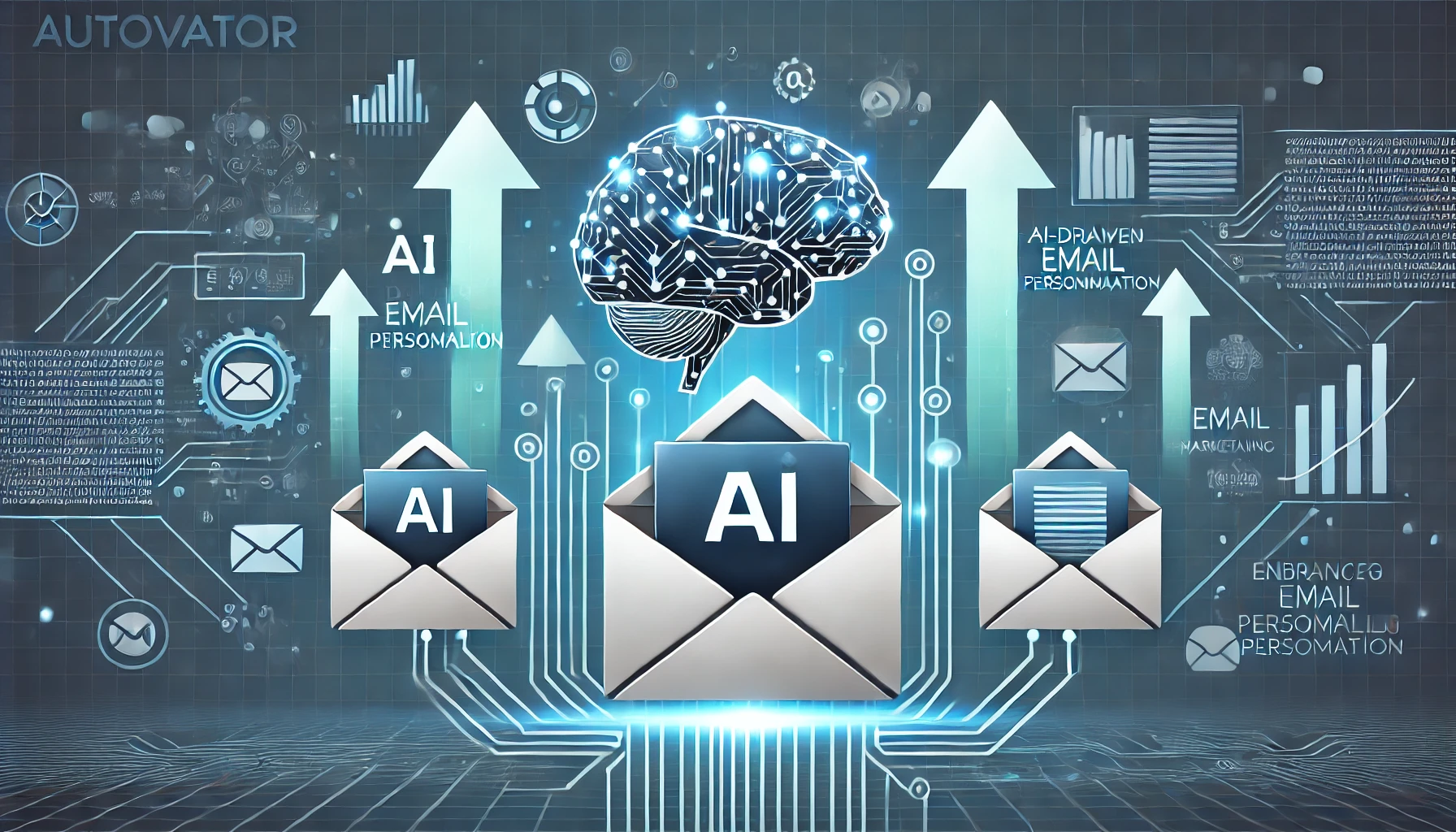 Illustration depicting AI-driven email personalization, featuring an AI brain icon, email envelopes, and upward arrows symbolizing improved performance, automation, and data-driven insights in email marketing. The background includes subtle digital patterns for a high-tech feel